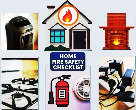 Home Fire Safety Checklist poster with sections covering kitchen, LPG, electrical, smoking, and general household fire safety tips, including escape planning and emergency contacts.